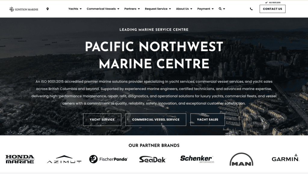 Marine service centre with yacht sales and service in Pacific Northwest.