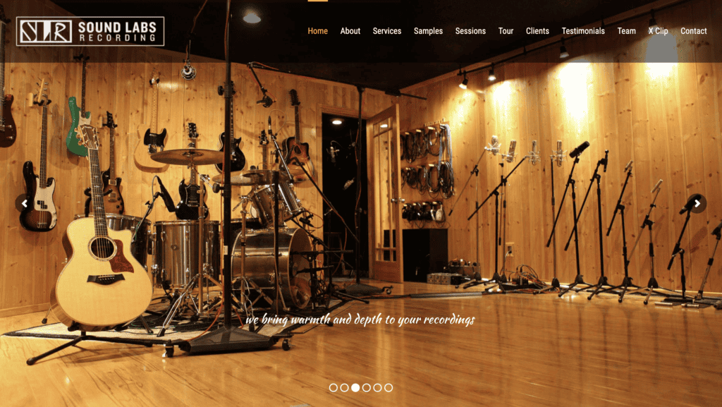 Recording studio with musical instruments and microphones at SLR Studios.