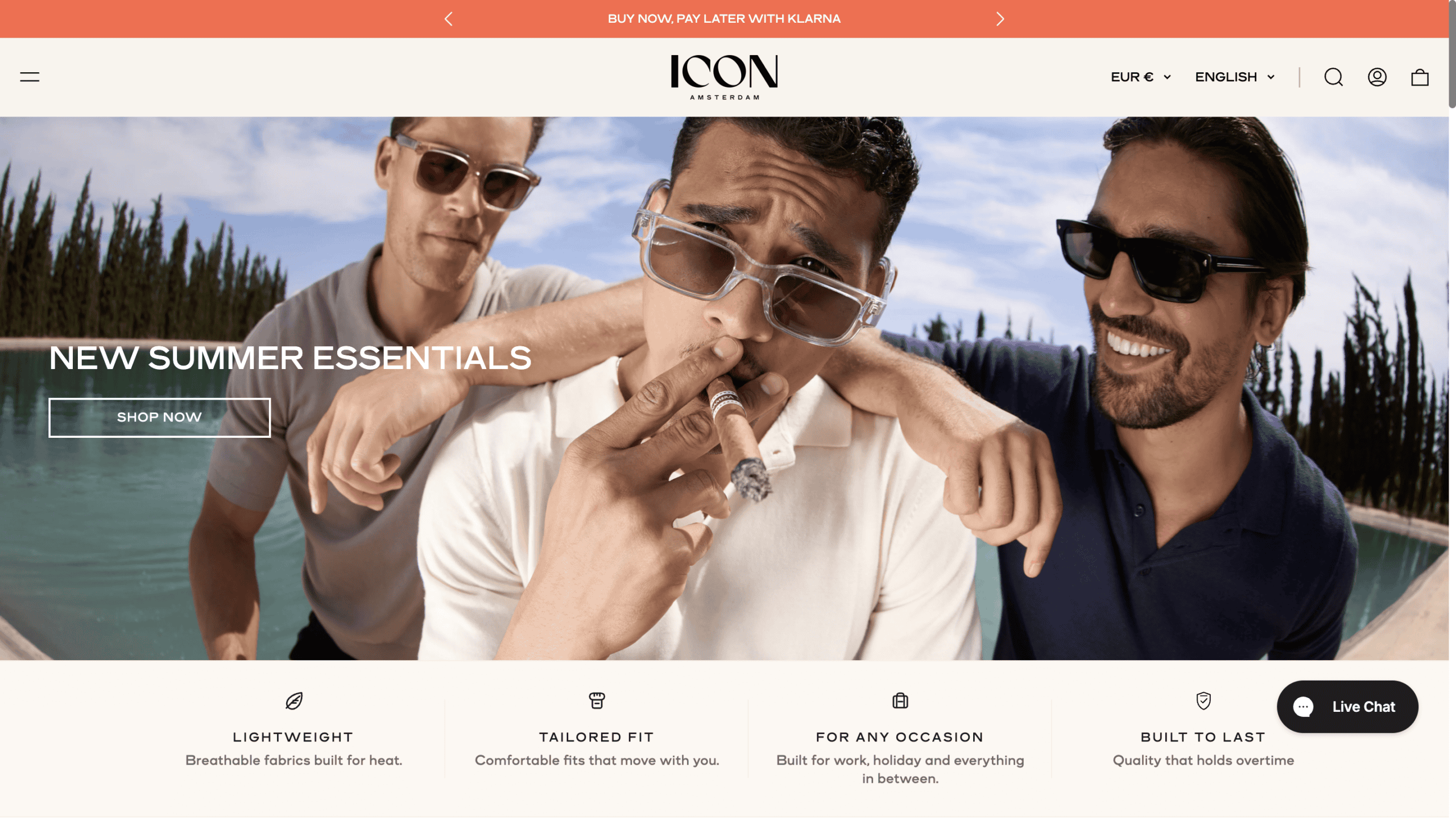 Three men wearing sunglasses enjoying summer outdoors in Icon Amsterdam.